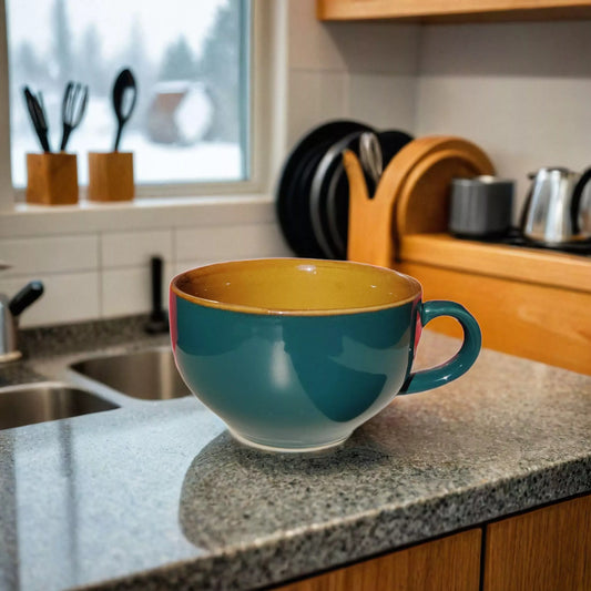 Teal and Yellow Ceramic Coffee Cup